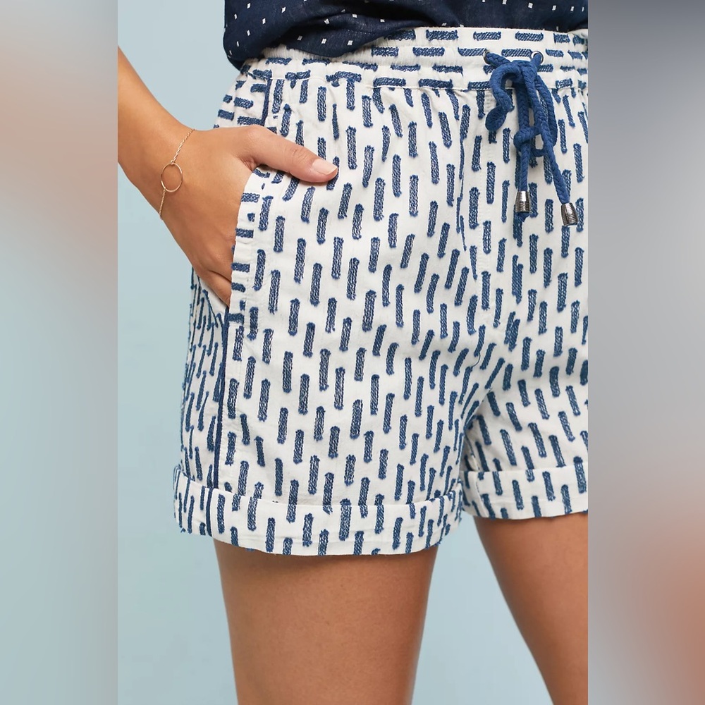 Anthropologie Blue and White Embroidered boho Shorts with Elastic Waistband NWY